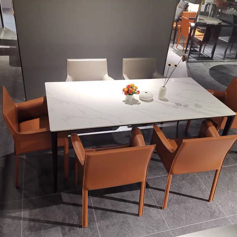Modern Cheap Hot Selling Dining Room Furniture Modern Simple Orange 4 Legs Saddle Leather Dining Table Chairs Set