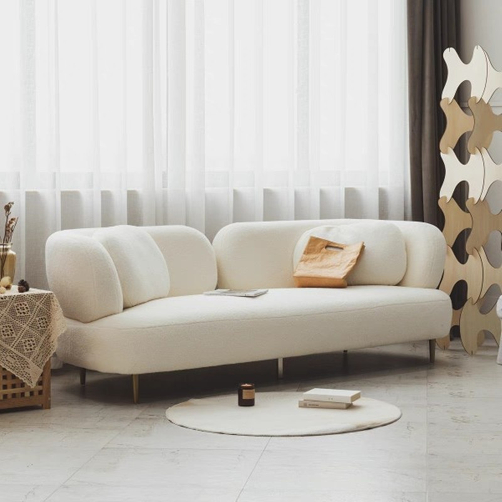 Cyrus Lamb Velvet Fabric 3-Seater Sofa White Curved Sofa