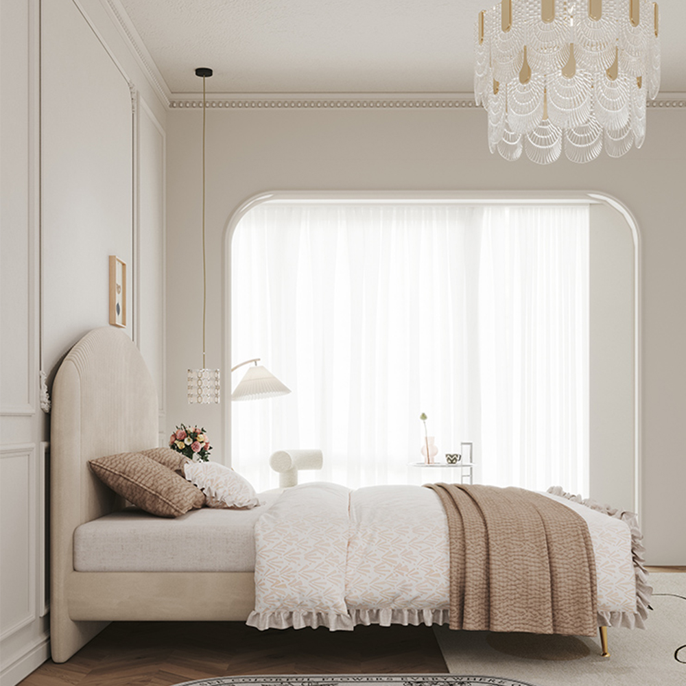 Angela Velvet Modern Minimalist Upholstered Pleated Bed Frame King Size