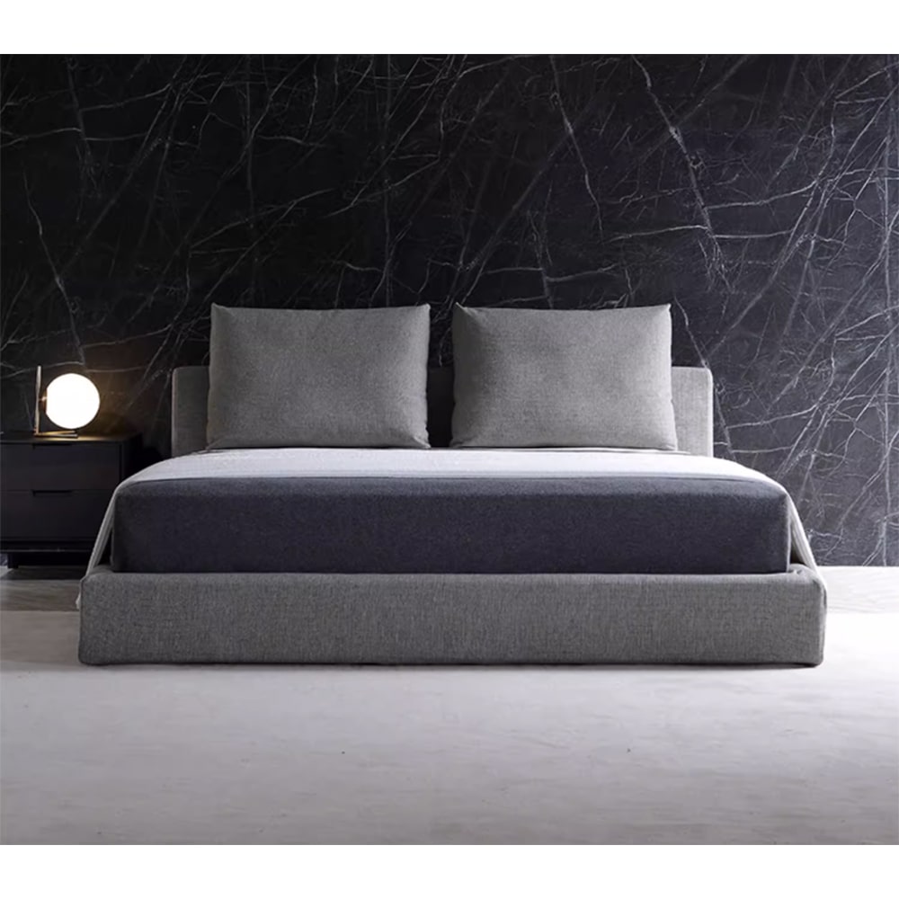 Gibbs Fabric White/Gray Low Headboard Minimalist Bed Frame