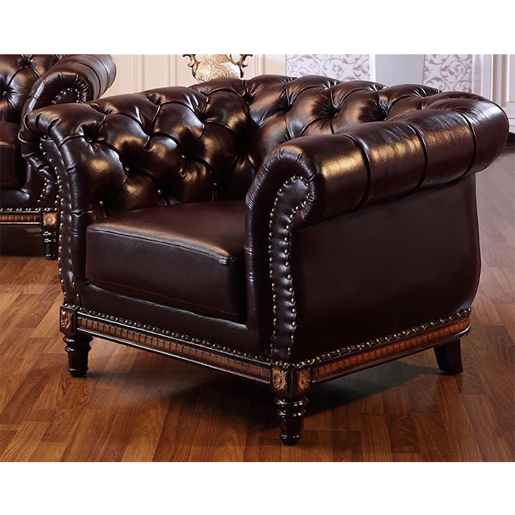 Luxury office 3 2 seater brown European living room furniture sofa set of chesterfield leather sofa