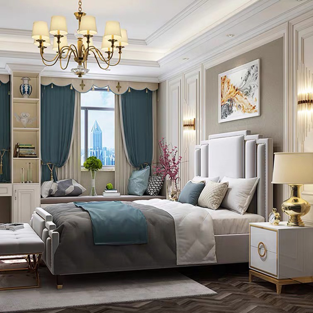  Hot Design Modern Hotel Bedroom Sleeping Furniture Luxury Bed Leather Latest Light Gray Bed Designs