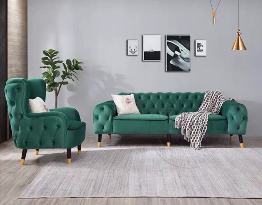 Leisure Green Velvet Large House Living Room Apartment Sectional Chesterfield Single Sofa Set