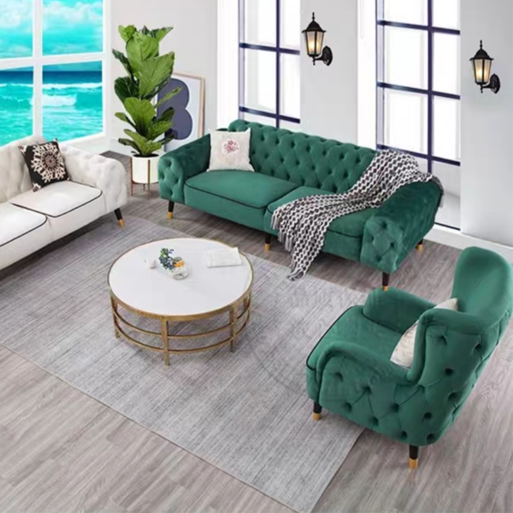 Leisure Green Velvet Large House Living Room Apartment Sectional Chesterfield Single Sofa Set