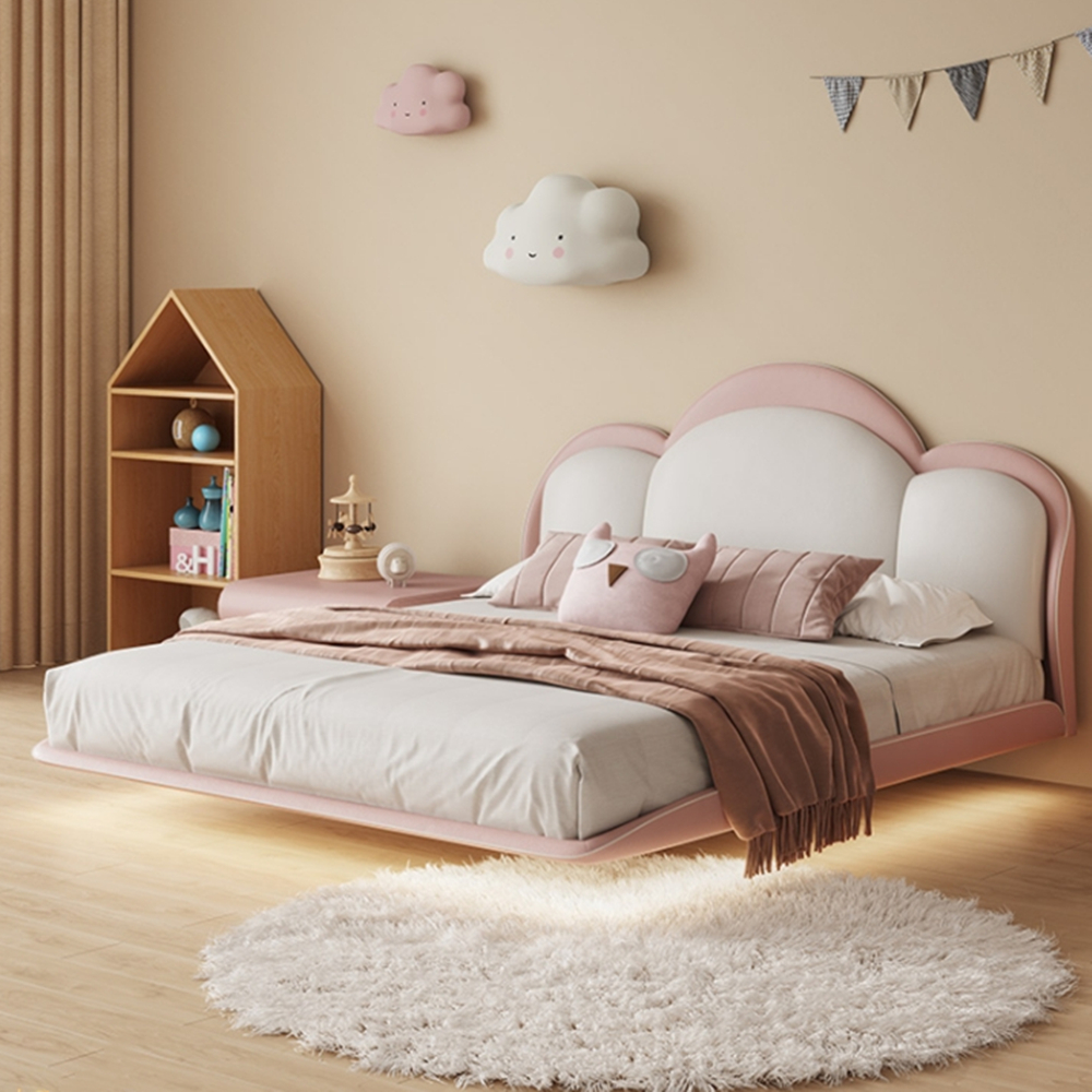 Miya Pink+White Fabric Cloud Shaped Fabric Floating Bed Frame Queen Size