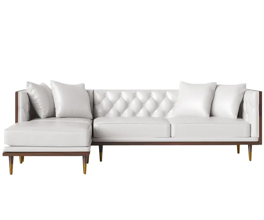 Lacy Genuine Leather Chaise Sectional Sofa Set in White with Pillows