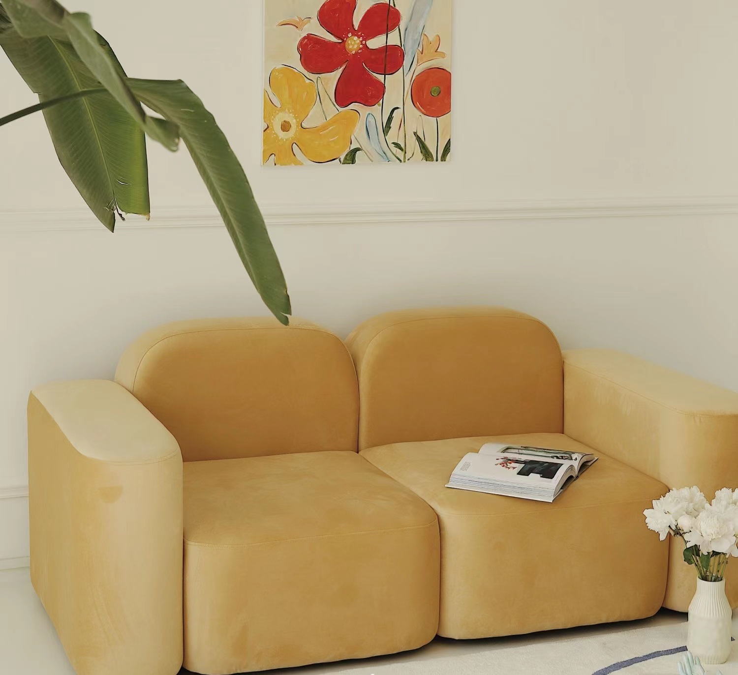 Skyla Flannelette Fabric Yellow Armchair 2/3 Seater Modular Cube Sofa