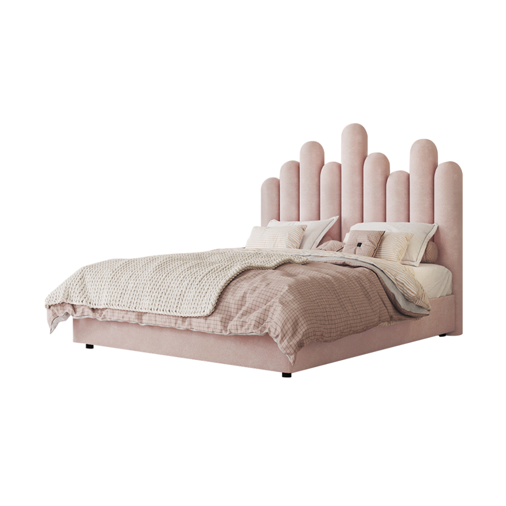 Nyasia Fabric Special Design Headboard Bed Frame King Size in Pink/Gray