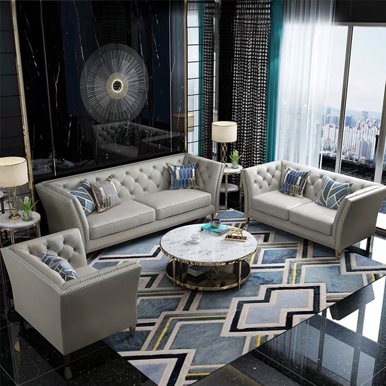 Leisure italian factory price living room furniture genuine leather chesterfield sofa set three