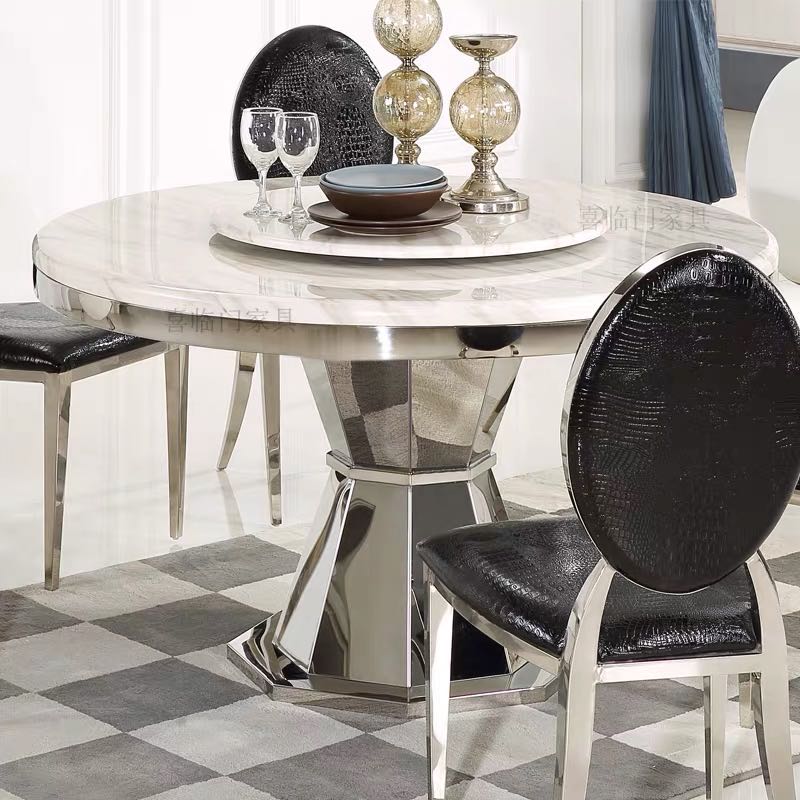 Low MOQ Luxury Round Carbon Iron And Steel Base Marble Dining Table Set