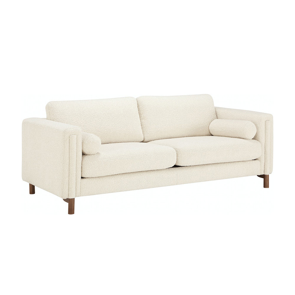 Ivory White Boucle Sofa 3 Seater Sofa with Cylindrical Throw Pillows