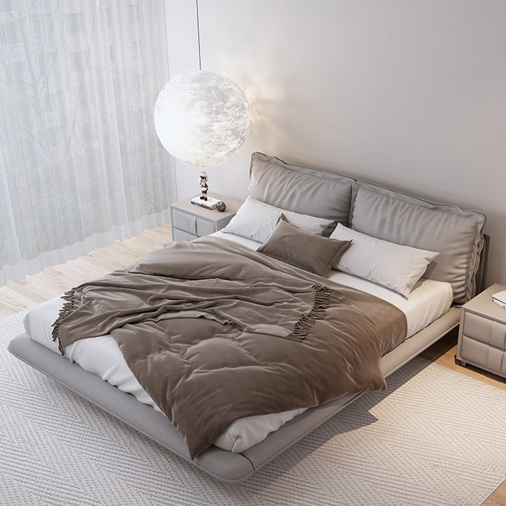 Gotzon Gray Technical Fabric Modern Floating Bed Frame with Cushions King Size Queen Size