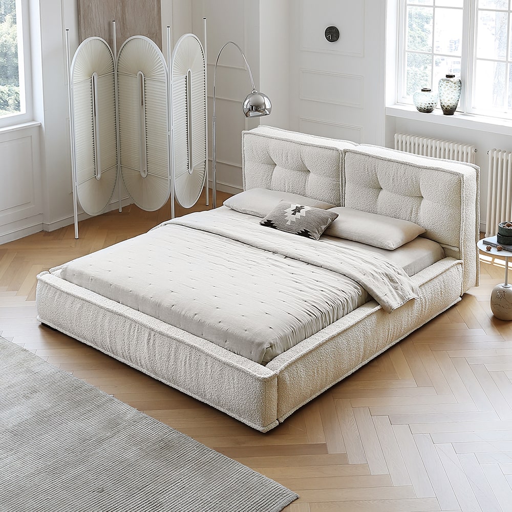 Dacre White Boucle Minimalist Simple Bed Frame Queen King Size Home Fruniture
