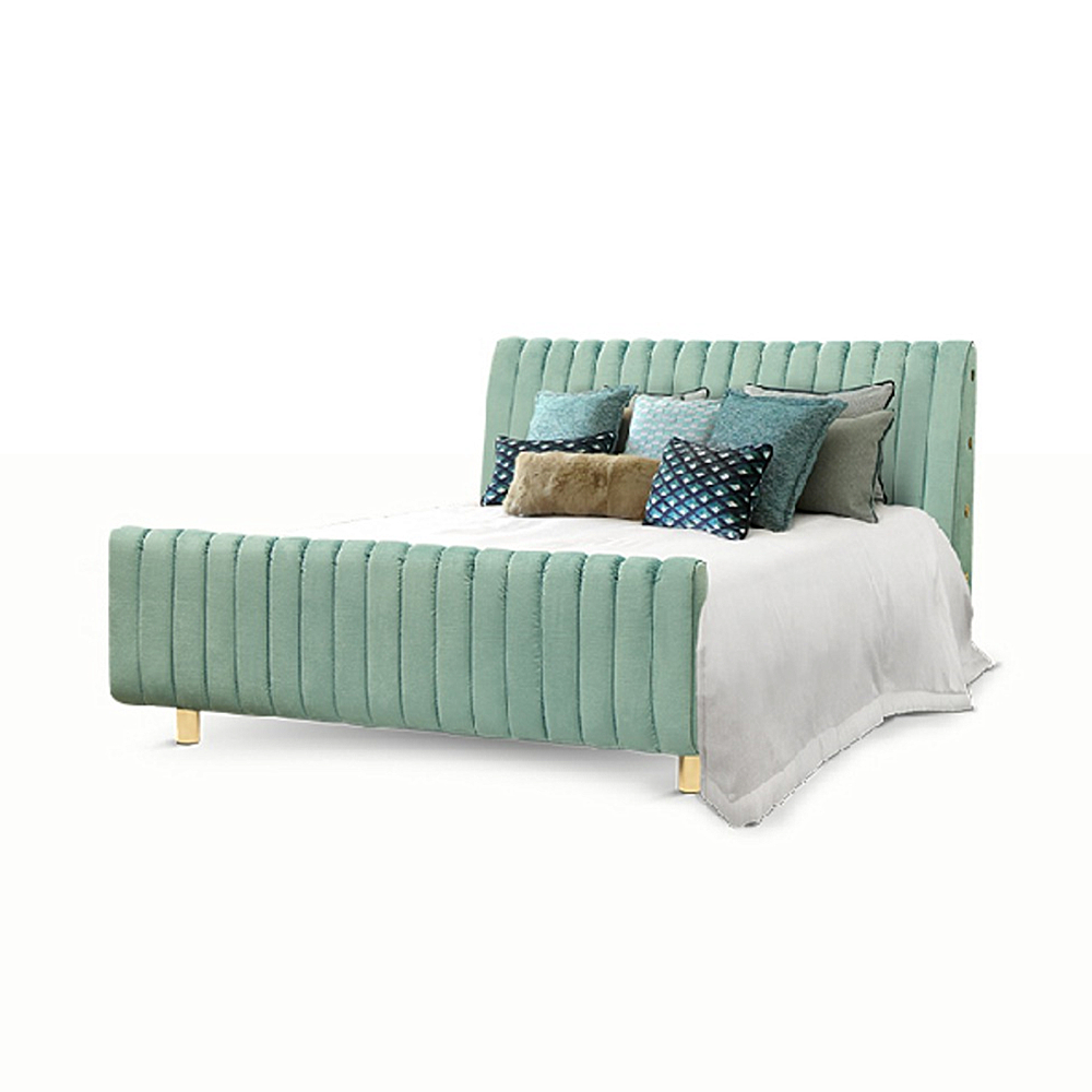 Nathaly Fabric Stripe Pattern Bed Frame King Size in Mint Green/ Gray