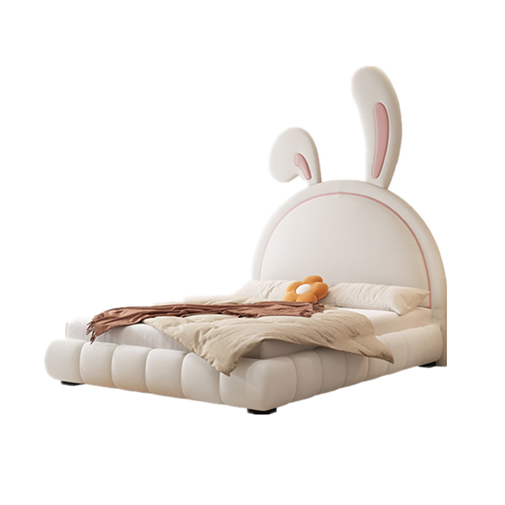 Nettie White Fabric Rabbit Shaped Bed Frame Queen Size